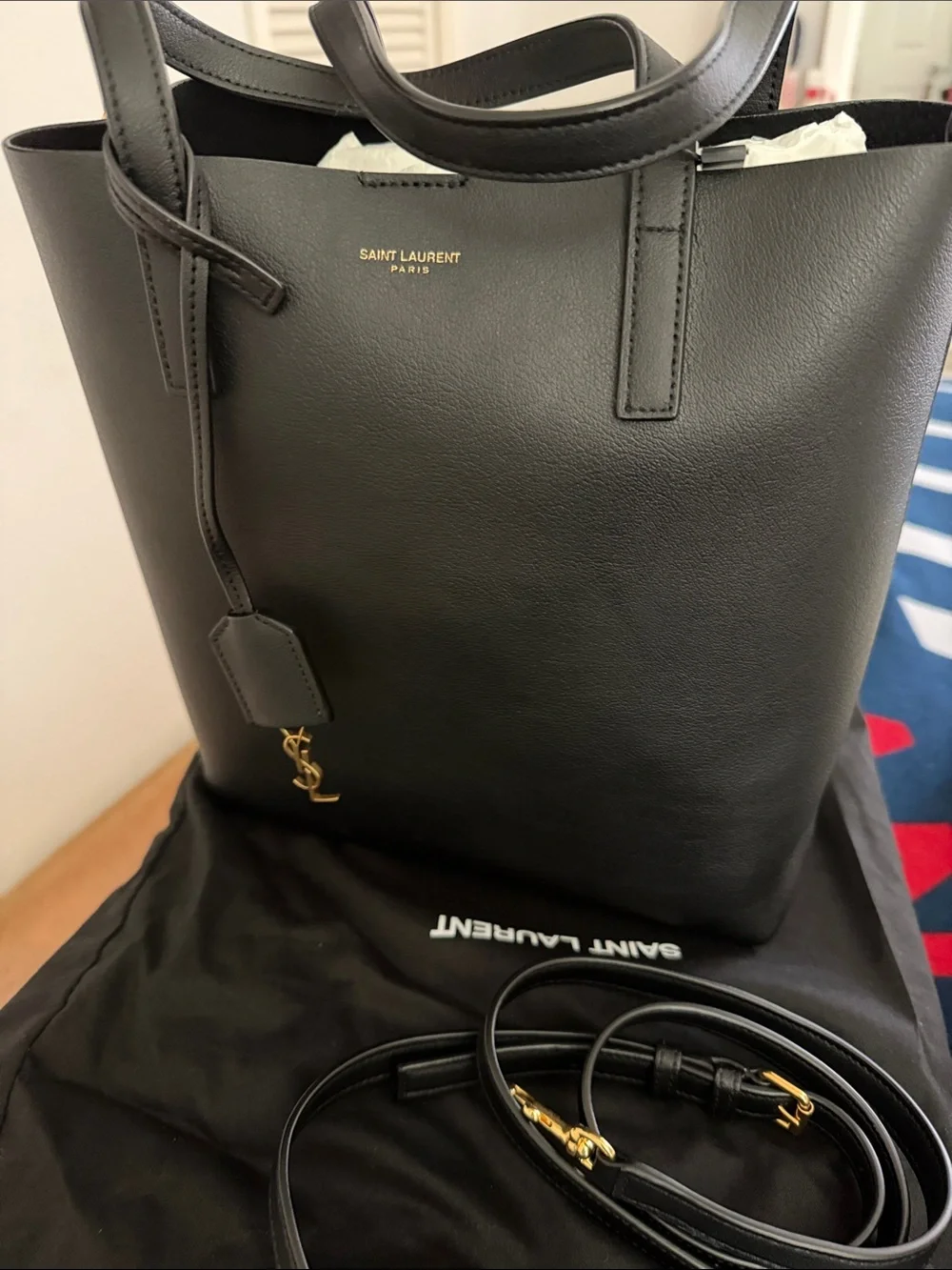 Saint Laurent Black Leather Messenger Tote with Gold Hardware